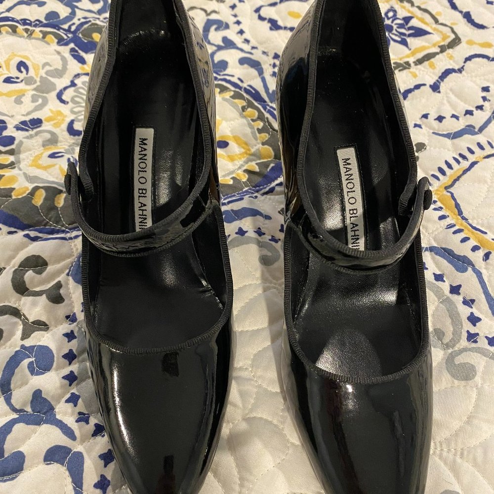 Manolo Blahnik Black Patent Leather Maryjane's, Size 37